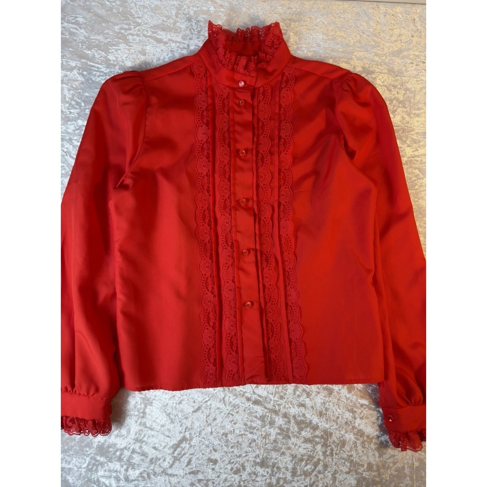 Vintage La Bene Red Lace Satin Blouse Medium Victorian High Neck USA